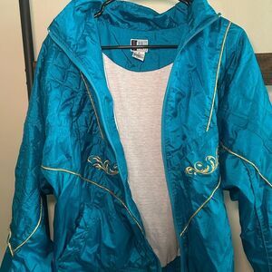 Bold Spirit Vintage Teal Satin Windbreaker Jacket XL Gold Embroidery